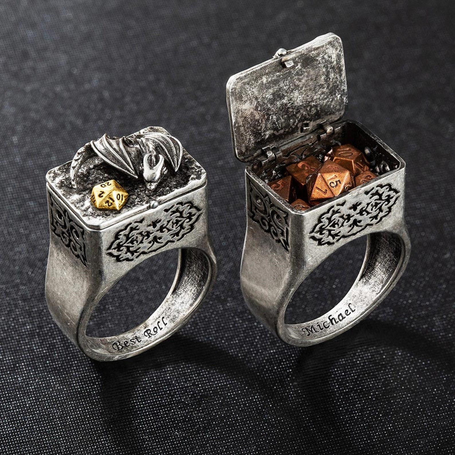 Dragon Ring Box and Mini Dice Set for DND Custom Engraved Text Ring D20 ...