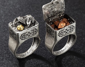 Dragon Ring Box and Mini Dice set for DND Custom Engraved Text Ring D20 Ring Custom Inner Ring Lettering DND Dice Ring with D20 Dice Doldols