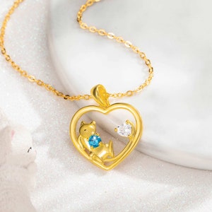 Personalized Heart Shape Two Cats Necklace with Birthstone, Custom Animal Cat Pendant Gift for Her/Wife/Lover/Mom