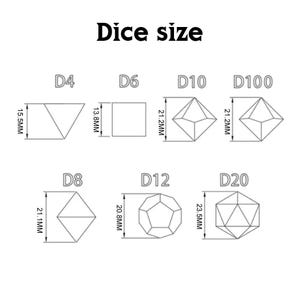 May include: Diagram showing the sizes of various dice, including D4, D6, D8, D10, D12, D20, and D100. Measurements are in millimeters, with the D4 measuring 15.5mm, D6 at 13.8mm, D8 at 21.1mm, D10 and D100 at 21.2mm, D12 at 20.8mm, and D20 at 23.5mm.