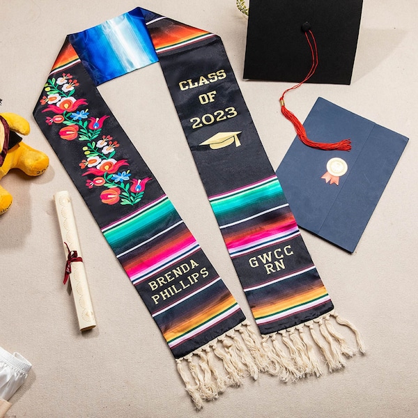 Custom Mexican Graduation Stole Sash Class of 2024 High School College University Gift Floral Embroidered Mexican Stole/LIMITED QUANTITY