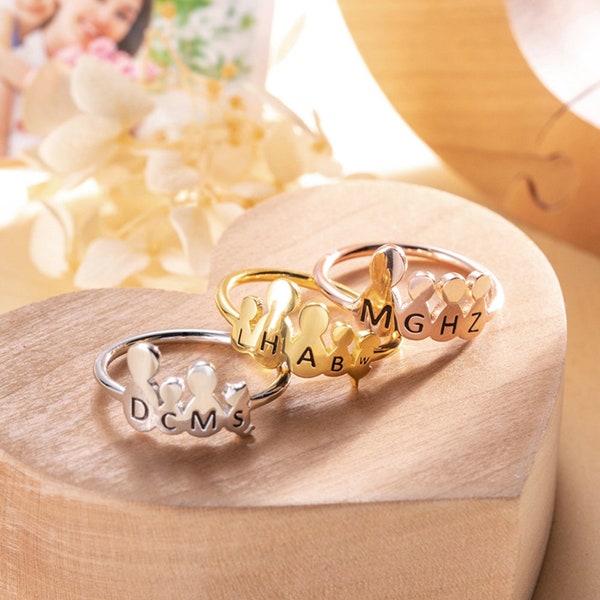 Bague personnalisée pour les membres de la famille et les figurines d’animaux de compagnie, bague de nom personnalisée pour maman