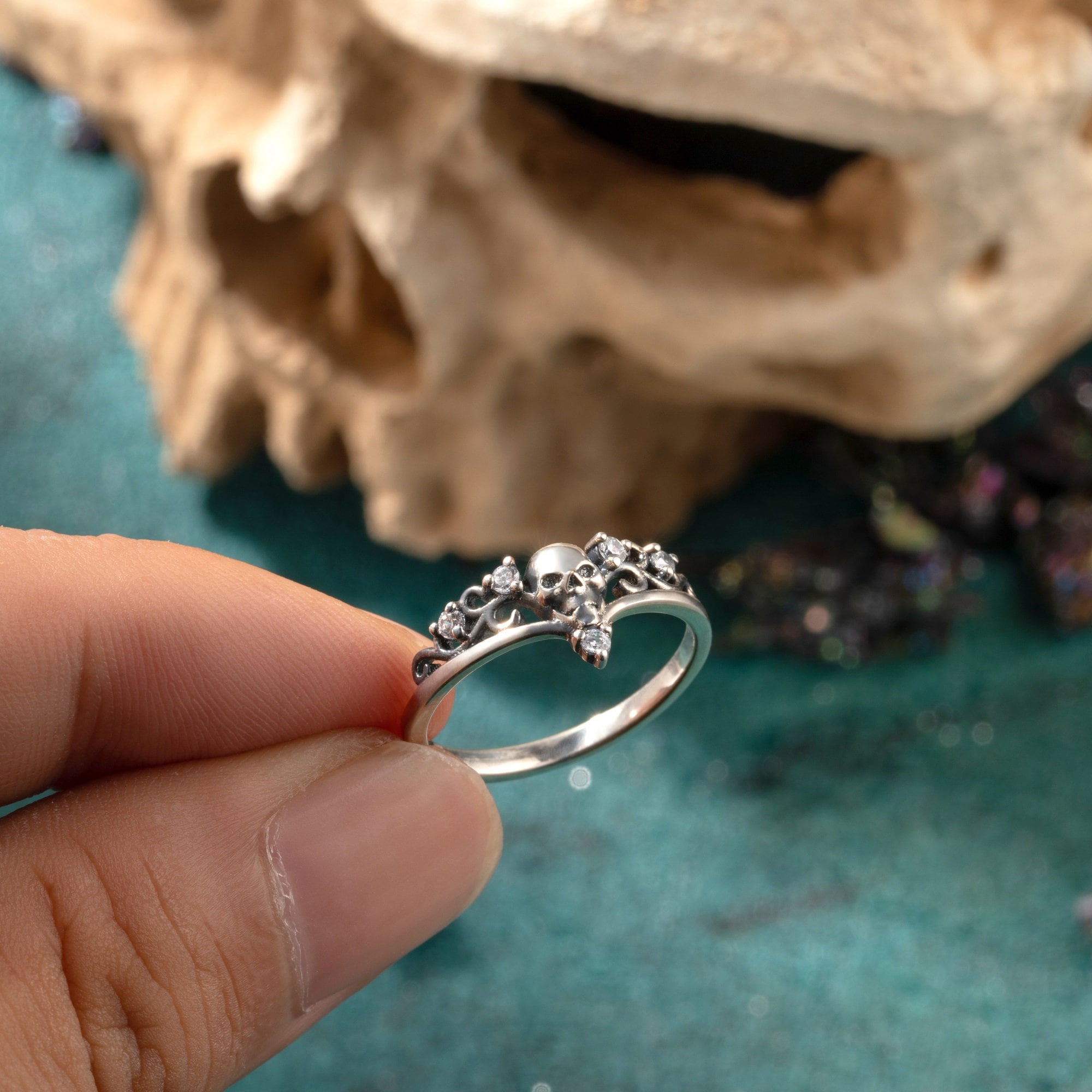 Custom Birthstone Skull Ring, Gothic Ring, Brass/Sterling Silver 925 Ring, Steampunk Ring, Dainty Skull ring, Gift for Punk