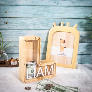 Banco de dinero de madera Cartas personalizadas Banco de monedas Texto de caja de dinero tallado Banco de monedas de madera Regalos para niños Regalos de cumpleaños de Navidad hechos a mano