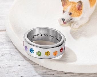 Benutzerdefinierte Regenbogen Paw Print Spinner Ring, Edelstahl Haustier Erinnerung Namensring, Fidget Ring für Anti Angst / Stress, Geschenk für Tierliebhaber