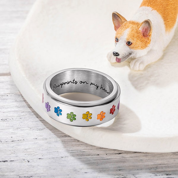 Custom Rainbow Paw Print Spinner Ring, Stainless Steel Pet Memorial Name Ring, Fidget Ring for Anti Anxiety/Stress, Gift for Pet Lovers
