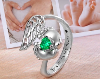 Personalized Baby Feet Angel Wings Ring Miscarriage Ring Memorial Losing Child Gifts for Mother