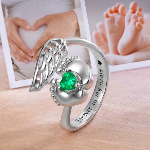 Personalized Baby Feet Angel Wings Ring Miscarriage Ring Memorial Losing Child Gifts for Mother