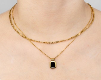 Collar de capas de estilo vintage con colgante de piedra preciosa negra, collar de múltiples capas de acero inoxidable, regalo de joyería para mujeres y adolescentes