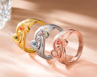 Customized Dual Hearts Interwoven Named Ring Double Heart Intertwined Ring with 2 Names & Birthstones