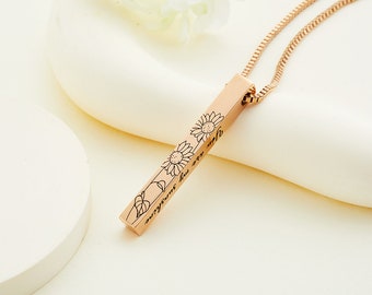 Personalized Birth Flower Engraved Necklace, 4 Sides Custom Engrave, Family Necklace, Women Jewelry, Birthday/Anniversary/Mother's Day Gift