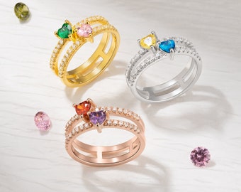 Customized Birthstone Set Ring, Two Rings a Set, Family Ring, Sterling Silver 925 Ring, Exquisite Jewelry, Gift for Mom/Her