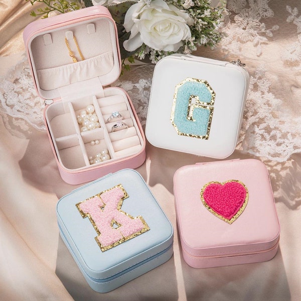 Custom Initial Jewelry Box with Chenille Letter Patch, Portable Jewelry Travel Case, Jewelry Organizer Box, Gift for Bridesmaids/Girlfriend