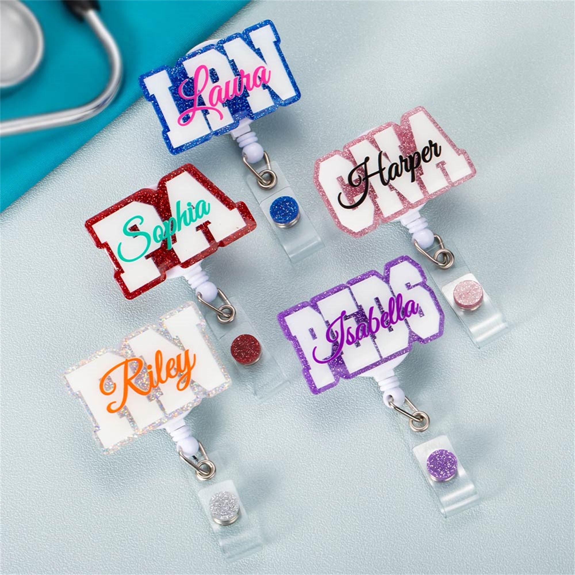 Custom Glitter ID Acrylic Badge Reel with Name for Nurse Doctor Medical Staff Gift for Nursing Students and Office Staff