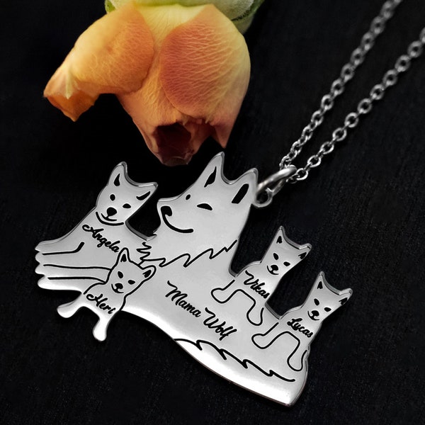 Custom Mama Wolf Name Necklace Pups Spirit Animal Charm Power Animal Pendant Mother Child Mom Jewelry Nature Meditation Gift