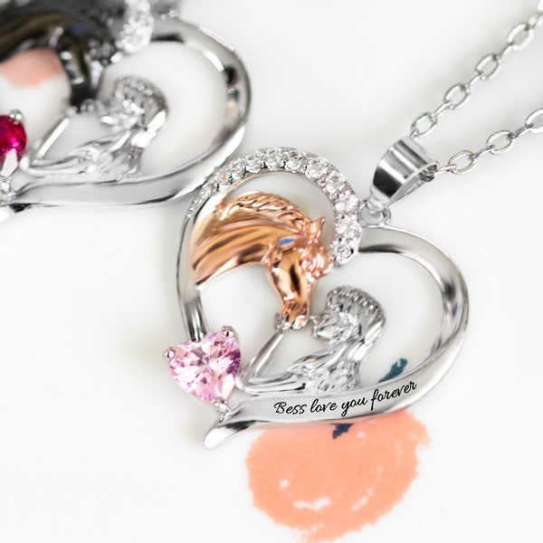 Personalized Horse with Girl Heart Shape Pendant Necklace Gifts for Her