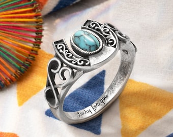 Anneaux de lettrage de nom intérieur personnalisés avec bague de dames porte-bonheur en fer à cheval Turquoise Style Boho pour femmes/amant/fille/épouse