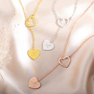 Heart Lariat Necklace with Initial, Personalized Y Necklace with Heart Pendant, Custom Heart Necklace, Lariat Initial Drop Necklace