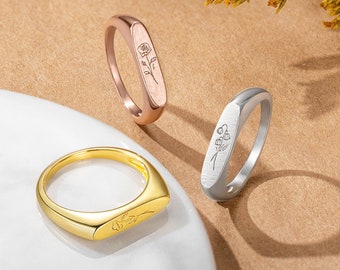 Personalized Birth Month Flower Signet Stackable Ring Gift for Her/Mother/Girl
