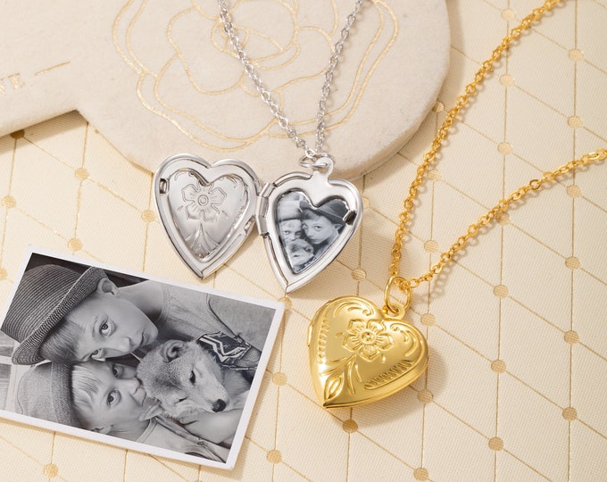 Heart Locket Necklace - Custom Necklaces for Women Personalized & Engraved Picture Locket Necklace Sterling Silver or Yellow Gold Filled