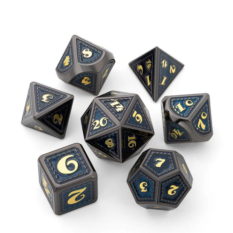 May include: A set of seven black and blue metal dice with gold numbers. The dice are in various shapes, including a d20, d12, d10, d8, d6, d4, and a d%.