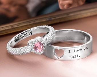 Personalized Couples Name Ring Set of 2, Matching Heart Rings, Custom Engraved Promise Ring for Men Women Lover Couples