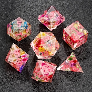 Pink Flower Dice Set, Pink Dice, Resin Sharp Edge Dice Set, DND Dice Set, Galaxy Dice, Space Dice, Polyhedral Dice Set, Dice Gift, DND Gifts