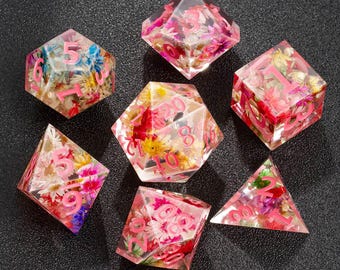 Pink Flower Dice Set, Pink Dice, Resin Sharp Edge Dice Set, DND Dice Set, Galaxy Dice, Space Dice, Polyhedral Dice Set, Dice Gift, DND Gifts