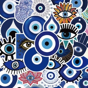 K&ouml;nnte beinhalten: Eine Sammlung bunter b&ouml;ser Augen-Aufkleber mit verschiedenen Designs, darunter eine Hand, eine Tr&auml;ne und eine Blume. Die Aufkleber sind alle blau und wei&szlig; mit schwarzen Umrissen.