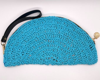 Light Blue Handmade Crochet Semi Circle/Half Moon Clutch With Wrist Strap