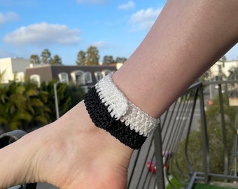 Hand Knit Woven Black/White Crochet Cuff Anklet/Bracelet with Snap Closure
