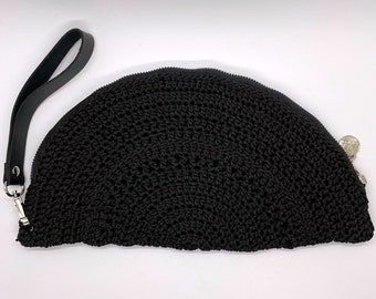 Black Shimmer Handmade Crochet Semi Circle/Half Moon Clutch With Wrist Strap