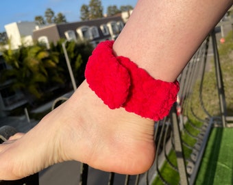 Hand Knit Woven Red Velvet Crochet Cuff Anklet/Bracelet with Snap Closure