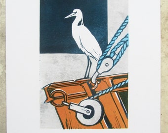 Egret on boat linocut original limited edition print picture