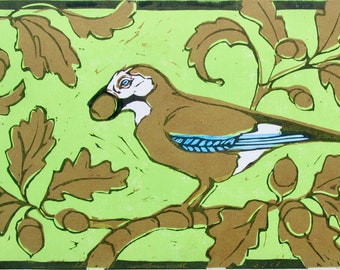 Jay on Oak Branch linocut original limited edition print picture