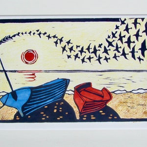Murmuration of starlings linocut original limited edition print