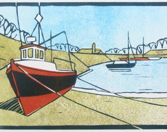 Red boat linocut original limited edition print picture
