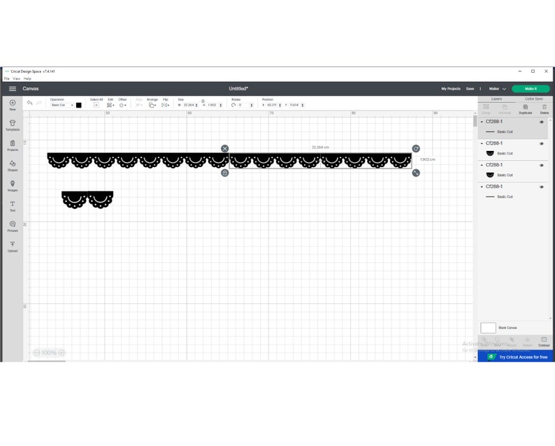 May include: A black and white design of a scalloped border, shown on a computer screen with a grid background. The design is labeled "CT288-1" and is ready to be cut.
