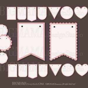 May include: A set of printable pink and white banner and tag templates. The templates include various shapes, such as circles, hearts, triangles, and rectangles. The text "BIGMAMA DesignStudio CF64" is at the bottom of the image.