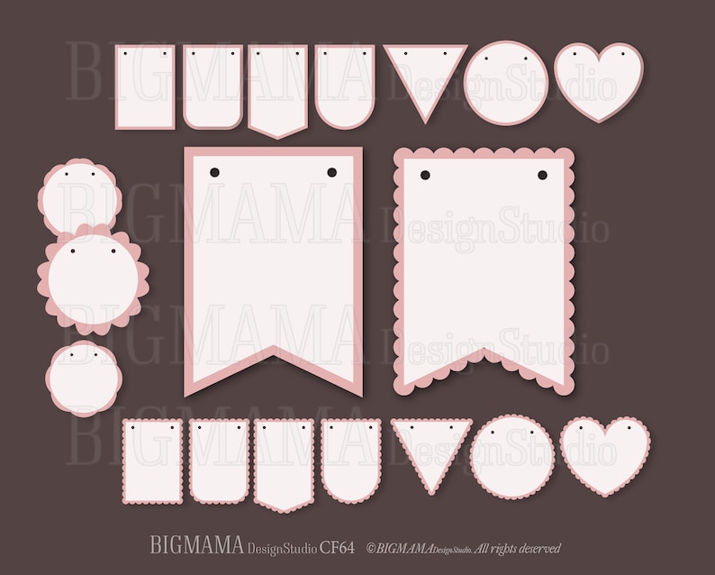 May include: A set of printable pink and white banner and tag templates. The templates include various shapes, such as circles, hearts, triangles, and rectangles. The text "BIGMAMA DesignStudio CF64" is at the bottom of the image.