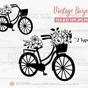 Bicycle With Flower Svg,Vintage Bicycle,Wildflower,Floral,Antique Bicycle,PNG,Bike,Cut File,Clipart,Cricut,Silhouette,Instant download_CF391