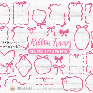 Bow Frames Bundle Svg,Ribbon Frames,Vintage,Retro Ribbon,Wavy Borders,Pink,Wedding Bow,Laser,Cut File,PNG,Cricut,Instant download_CF529