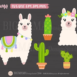 Lama SVG, Mała lama DXF, Plik cięcia lamy svg, Słodka lama PNG, Kaktus, Lama dla Cricut, Sylwetka, Do użytku komercyjnego, Natychmiastowe pobranie_CF99