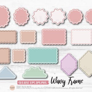 Op de afbeelding: Een verzameling van pastelkleurige, golvende frames in verschillende vormen, waaronder ovalen en rechthoeken. De frames hebben een witte rand en zijn in tinten roze, beige, blauw en groen. Het woord "Wavy Frame" staat onderaan.
