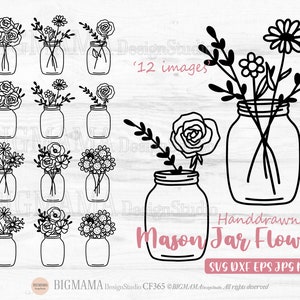May include: Twelve black and white illustrations of mason jars with different types of flowers inside. The text "Handdrawn Mason Jar Flowers" is at the bottom of the image.