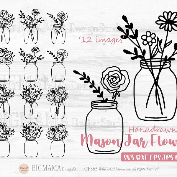 Mason Jars Flowers Bundle SVG,Floral,Mason Bottle,Glass Jars,Monogram Frame,Vase,Name,Outline,Jars Clipart,DXF,PNG,Instant download_CF365