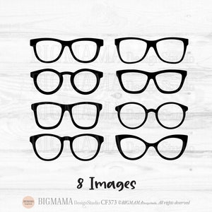 May include: Eight black and white images of different styles of eyeglasses. The images are arranged in two rows of four. The text "8 Images" is at the bottom of the image.