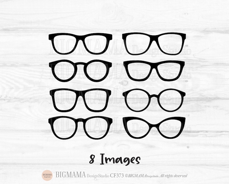 May include: Eight black and white images of different styles of eyeglasses. The images are arranged in two rows of four. The text "8 Images" is at the bottom of the image.