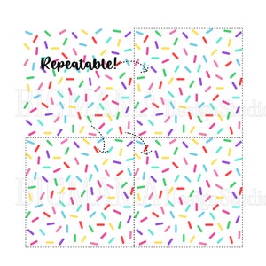 May include: A seamless pattern of colorful sprinkles on a white background. The pattern is repeatable and can be used for various craft projects. The text "Repeatable!" is written in black on a red background.