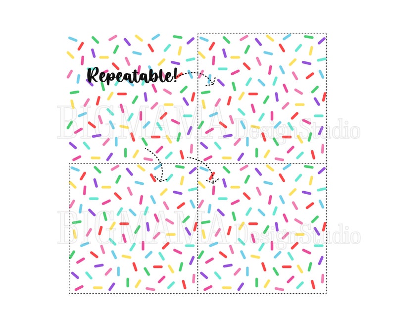 May include: A seamless pattern of colorful sprinkles on a white background. The pattern is repeatable and can be used for various craft projects. The text "Repeatable!" is written in black on a red background.